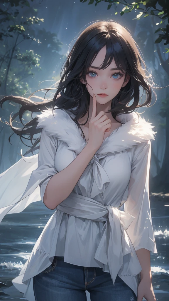 work of art, best qualityer, ultra epic details, creative, good lighting, excellent shading, light color tone, (4K), (face 8k), water effects, forest in the background, lightning and thunder, haos, tempest, rot, rosto angelical,, Perfection!, fur coat, jeans, Bblack hair, blue eyes, lindo rosto ( Ultra HD Face ), tied up hair, (( sfw ))
