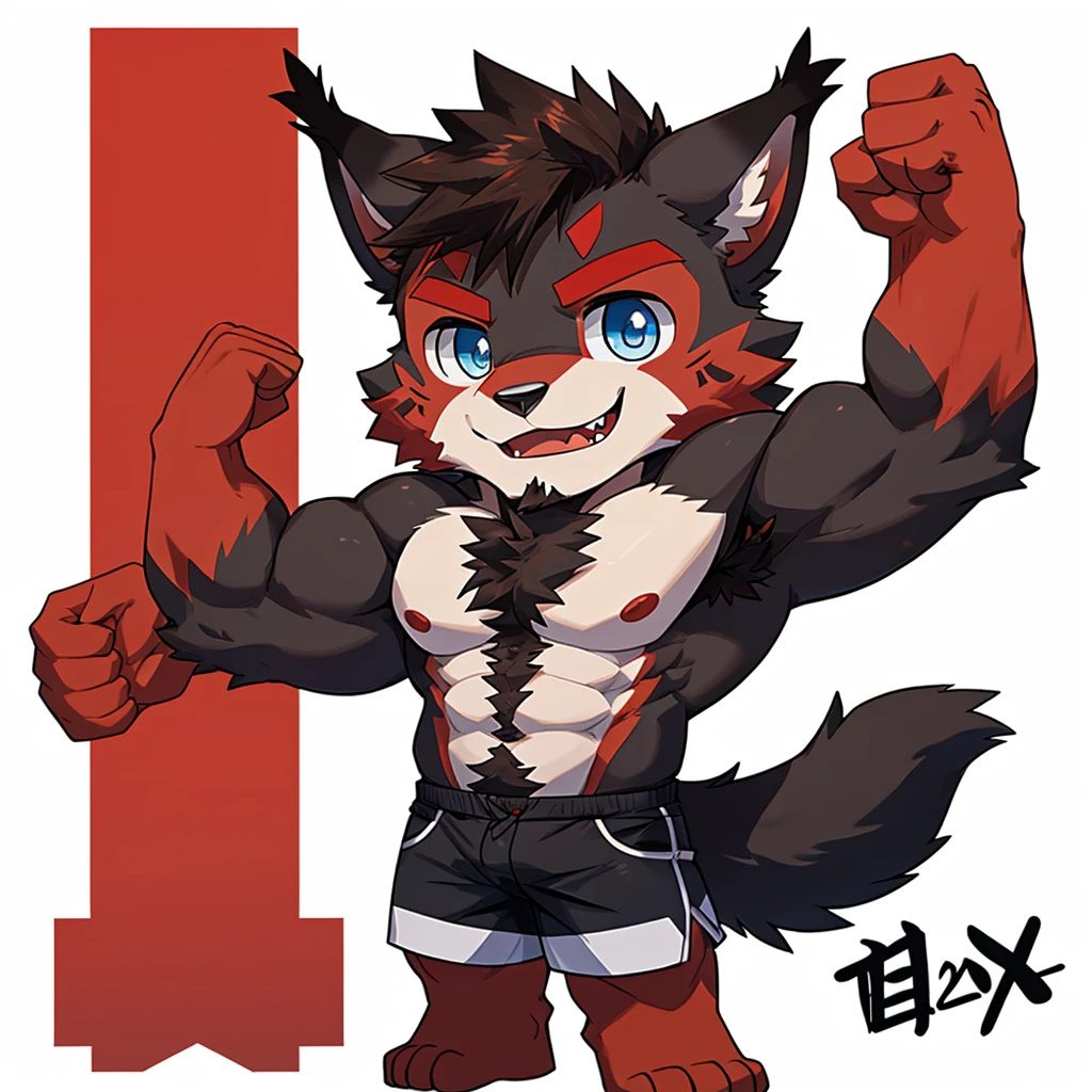 ((Furry lynx cat)), ((chibi)), chibi, chibi, chibi, chibi, body fully covered in black fur, ((fully covered in black fur)), ((black fur)), sharp fangs, sharp teeth, summer shorts outfit, cute, blue eyes, red chest hair, red eyebrows, red armpit hair, black nose, black tail, black tail with red tip, red whiskers, happy, smile, correct Anatomy, correct hand, ((white background)), (Acting happy), (hands up), enjoy, ((front view)), full body, sexy, (flexing), (muscle), black tail, black tail red tail tip, red eyebrows, red chest hair, red armpit hair, chibi, chibi, chibi, chibi