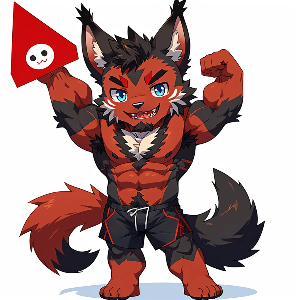 ((Furry lynx cat)), ((chibi)), chibi, chibi, chibi, chibi, body fully covered in black fur, ((fully covered in black fur)), ((black fur)), sharp fangs, sharp teeth, summer shorts outfit, cute, blue eyes, red chest hair, red eyebrows, red armpit hair, black nose, black tail, black tail with red tip, red whiskers, happy, smile, correct ???????, correct hand, ((white background)), (Acting happy), (hands up), enjoy, ((front view)), full body, sexy, (flexing), (muscle), black tail, black tail red tail tip, red eyebrows, red chest hair, red armpit hair, chibi, chibi, chibi, chibi