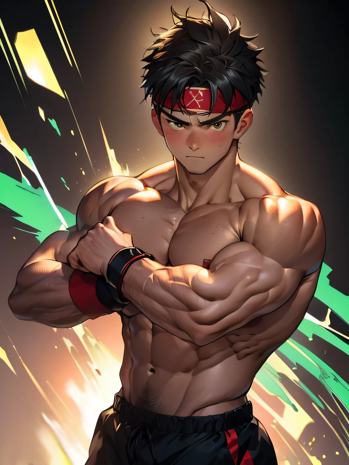 (Masterpiece, Best quality boy, black background), solo, Young, boy, muscler, Shirtless, topless, ((((surrounded by swirling holy aura)))), (Dark Short straight hair, ((almost completely shaved hair)), under cut, brown eyes), (red headband, ((black wristband))), Vivid colors, ((hot Abs:1.2, abs!, big abs, big breast:1.2,!, muscler upper arms, clenched fist)), muscler!, muscler body, Man with martial arts stance, detailed face, detailed muscle, (((random fighting pose, powerful, action, rippling muscles, green aura around body, concentrate, deep night, male focus)))