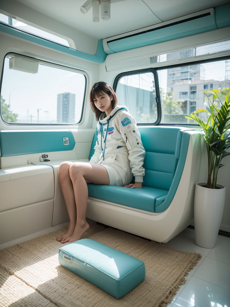 spacecraft living capsule, intricate interior render, turquoise and cream color pallete, detailed high-tech furniture, organic fresh plants around, on the wall we can see a ductless air conditioner with a clear "Mitsubishi electric" logo on it, one man and one woman just take off their astronaut outfit, sitting and drinking cocktail, chill atmosphere --style raw