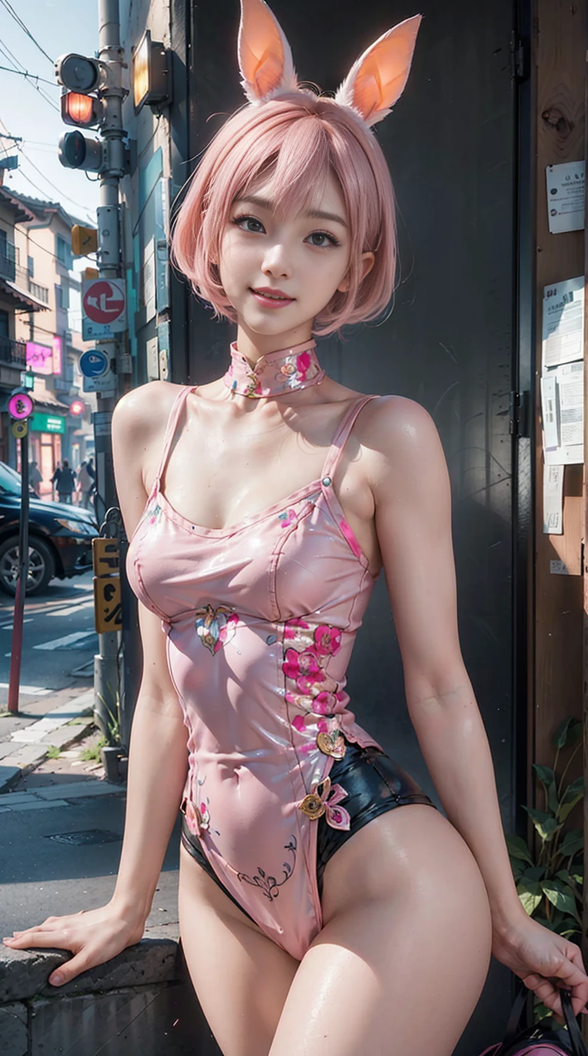 Low Angle、Shot from below、all-inclusive、On the streets at night、midnight、Moonlight、Tattoo、、Pink short hair、(8K, quality, masterpiece:1.2), (Practical, Reality:1.37)、Cute little turtle、Report、(a smile:1.15)、(mouth close)、smallunderhor detailed hair:1.2)、Masseter membrane、pink quick bob、fluffy rabbit ears、Pink rabbit ears、Bunny ears sticking out of the head、Pink Hair、Beautiful girl in her 20s with charming atmosphere、Beautiful hand shape、Korean Pop、Pink rabbit ears、1 girl、Report、masterpiece、quality、Practical、Ultra Detail、Huang Li、Pink short hair、Slim、Dynamic Lighting、high resolution、Focus、Depth of Field、(Thick and tight:1.0)、Slim :1.2,((Short Bob Hairstyle))、((Popular inspiration:1.3)),Highly detailed face and skin textures、((Enchanting)),Anatomically correct number of fingers,Correct anatomy