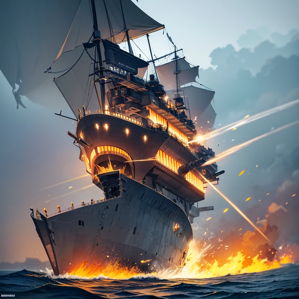 Content: A detailed digital art piece depicting a frontal view of a battleship firing its cannons. The battleship is massive and formidable, with large cannons blasting out powerful bursts of fire and smoke. The ocean around it is turbulent, reflecting the intensity of the action. Medium: Digital art, concept illustration. Style: Highly detailed, realistic military art in the style of naval history illustrations. Lighting: Dynamic lighting with dramatic highlights and shadows to emphasize the power and scale of the battleship. The cannon fire illuminates the scene with intense bursts of light. Colours: A palette of steely blues, greys, and blacks, with bright flashes of orange and yellow from the cannon fire. Composition: A frontal view with a slightly low angle to emphasize the size and power of the battleship. The horizon line is low, creating a dramatic sense of scale and action.
