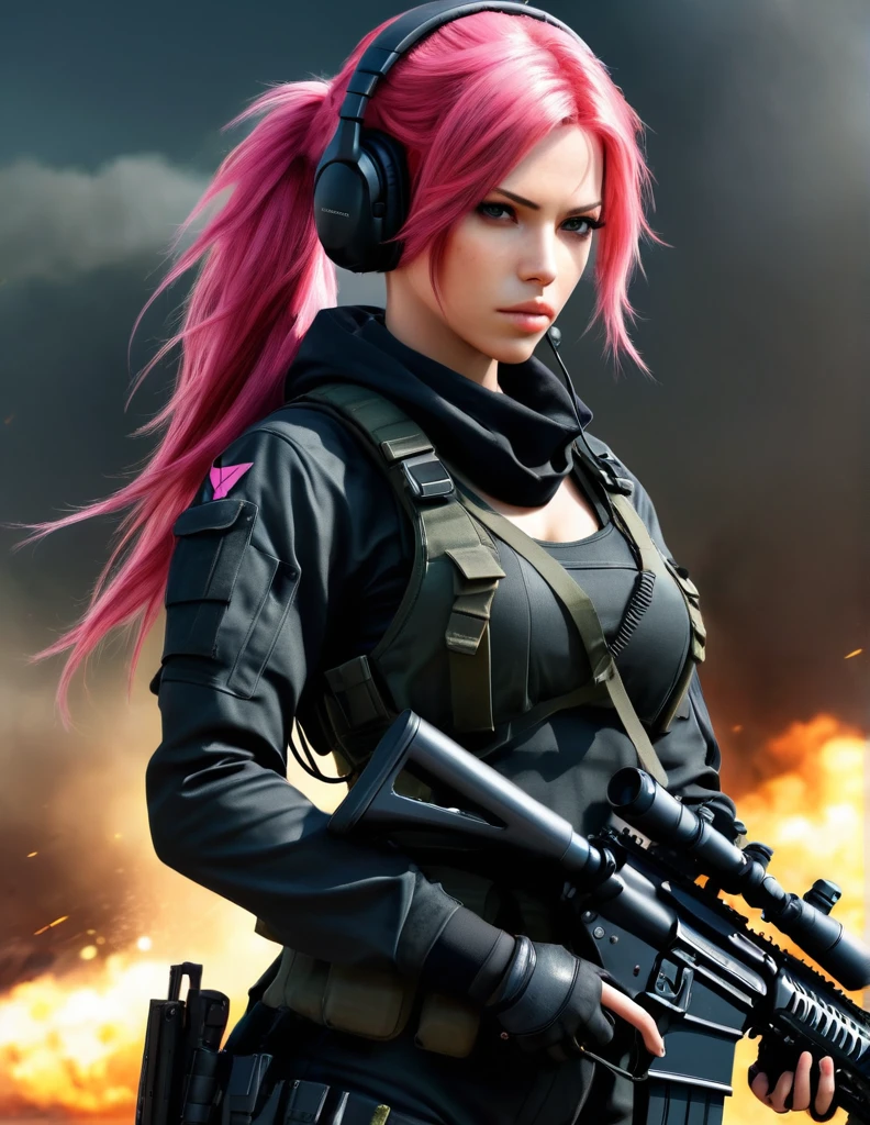 very attractive 25 year old female with long bright pink hair, a woman in a black outfit holding a rifle and wearing headphones, soldier girl, mechanized soldier girl, military girl, beautiful female soldier, female lead character, infantry girl, of a sniper girl in war, solo female character, future combat gear, close up half body shot, quiet from metal gear solid v, wearing tactical gear, dressed in tactical armor