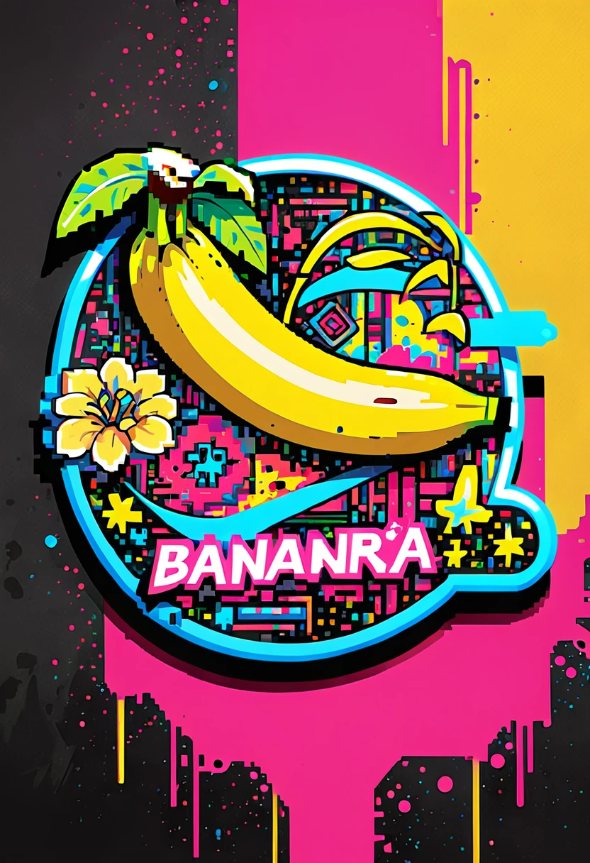 Create a sticker illustration of a banana inspired by the video game Cyberpunk 2077 with a 2D graffiti effect. The sticker should have no background, with only the banana shape and a prominent white outline around the edges. All design elements must be contained within the shape of the banana, and none should extend beyond its edges. The peel of the banana should not be yellow but instead be replaced by the following Cyberpunk 2077 elements, all depicted in a graffiti style: - A deep matte black base for the peel, symbolizing the dark streets of Night City. - Blue neon circuit lines running across the banana’s surface, resembling cybernetic implants, with a spray-paint texture. - The "Samurai" logo near the tip of the banana, designed in a graffiti font and style. - Stickers of in-game brands like Arasaka and Militech, and gang symbols like "The Moxes", all depicted with a street art aesthetic. - Modernized tribal tattoo motifs and hacking icons in red and green neon, rendered with a graffiti effect. - Sections with light effects mimicking the neon lights of Night City, with a pulsating spray-paint effect around the circuits. - A small, metallic chrome-plated label near the base with the inscription "Cyber Choice" in a graffiti font. Ensure the design is vibrant, edgy, and high-tech, with the stylized interior capturing the futuristic and dystopian ambiance of Cyberpunk 2077, all within the iconic shape of a banana. All elements must be contained within the banana and not extend beyond its edges.