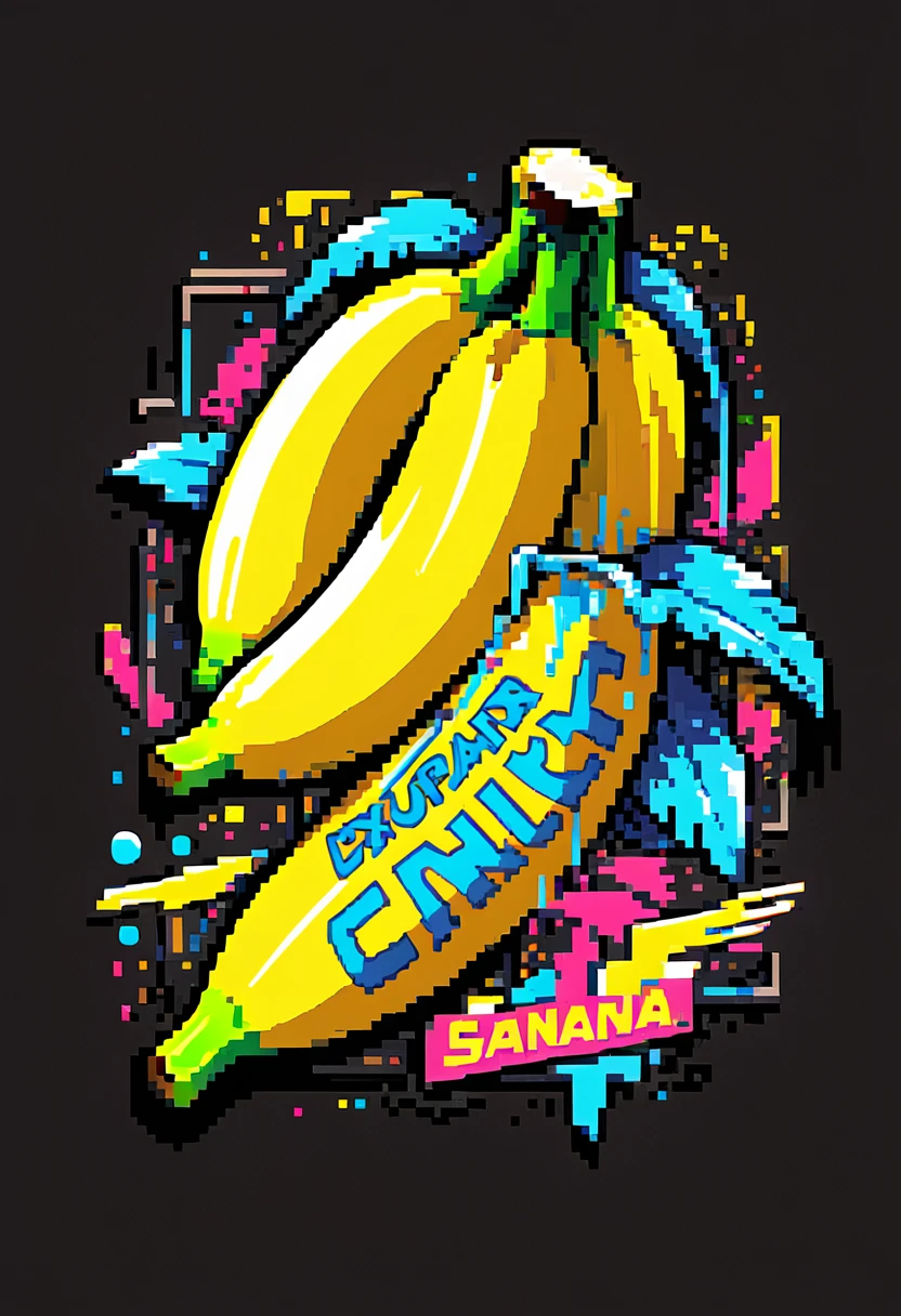 Create a sticker illustration of a banana inspired by the video game Cyberpunk 2077 with a 2D graffiti effect. The sticker should have no background, with only the banana shape and a prominent white outline around the edges. All design elements must be contained within the shape of the banana, and none should extend beyond its edges. The peel of the banana should not be yellow but instead be replaced by the following Cyberpunk 2077 elements, all depicted in a graffiti style: - A deep matte black base for the peel, symbolizing the dark streets of Night City. - Blue neon circuit lines running across the banana’s surface, resembling cybernetic implants, with a spray-paint texture. - The "Samurai" logo near the tip of the banana, designed in a graffiti font and style. - Stickers of in-game brands like Arasaka and Militech, and gang symbols like "The Moxes", all depicted with a street art aesthetic. - Modernized tribal tattoo motifs and hacking icons in red and green neon, rendered with a graffiti effect. - Sections with light effects mimicking the neon lights of Night City, with a pulsating spray-paint effect around the circuits. - A small, metallic chrome-plated label near the base with the inscription "Cyber Choice" in a graffiti font. Ensure the design is vibrant, edgy, and high-tech, with the stylized interior capturing the futuristic and dystopian ambiance of Cyberpunk 2077, all within the iconic shape of a banana. All elements must be contained within the banana and not extend beyond its edges.