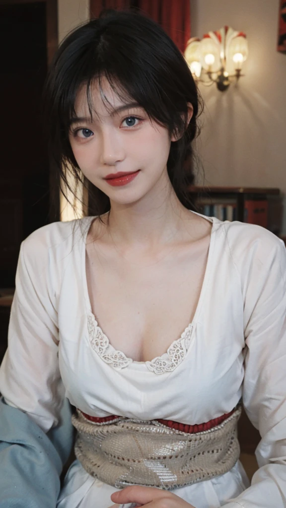 instagram photo, closeup face photo of 23 y.o Chloe in kebaya, blue eyes, white skin, Red Lipstick, sensual Lipstick, Sensational Make Up, cleavage, pale skin, (smile:0.4), hard shadows, White G-STRING, bright lighting 