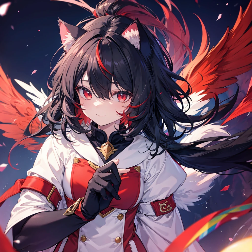 ((((Beastman Cat paw Cat ear)))) (((Fantasy Black Hair Dye the inside of your hair red Long Hair Dull red eyes))) ((Crystal Wings Fur clothing Wings many times larger than mine Center close-up)) ((smile gloves)) (Light star) Catch the wind Shining Background Lightの粒子, rainbow colored edges