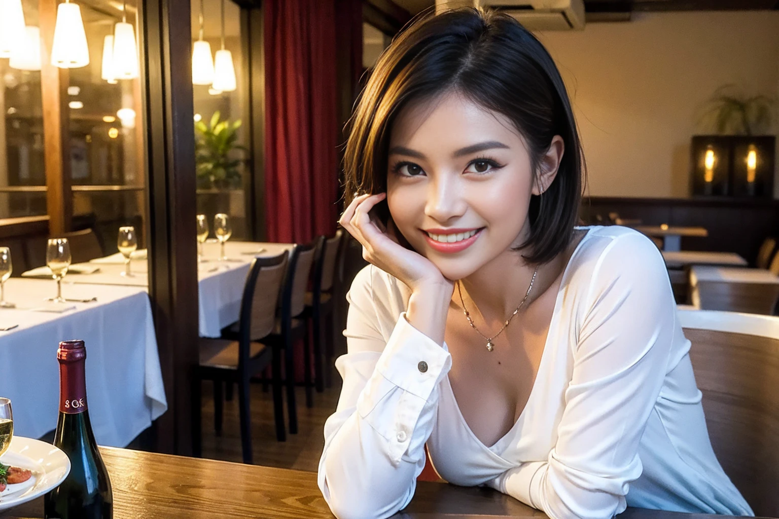 ((Highest quality、8K、masterpiece:1.3))、Shortcuts、smileハッピー、cute、slimカップル、modelカップル、actress男優、(Realistic, Intricate details:1.2), full-course dinner、Wine Party、Amazing view of the sunset sky and clouds、A bright smile、short hair,Bright Face、 (Age 38), 42 years old, red wine 、Appetizers、Italian food、Wine bottle、Champagne、sparkling wine、Two beauties、Brown Hair、Shortcuts、Long sleeve shirt、dress、Beautiful woman 1, (slimな顔), (The body is slim), (Brown Hair), (Shortcuts), cheeks turn a little red,Attractive beauty、restaurant, In a prominent place (From the waist up) Nova Frog Style, actress, model, Upper Body, White wine, slim, wine glass, 中央に置かれたwine glass, smile, (smile: 1.15), Beautiful fine grain, Depth f/2,saturation, High Contrast, Strong light and shadow,Moist Body:1.5、 texture、Delicate eyes、Brown Hair、The hair is very shiny、