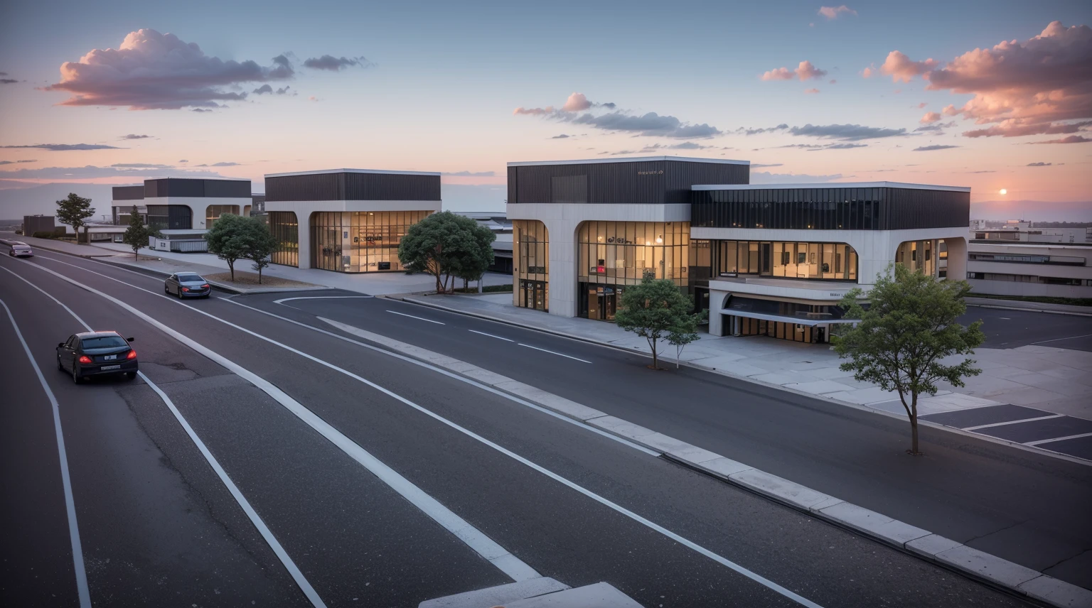 (((masterpiece))),((best quality)),outdoor，Commercial Area，Business Center，（Surrounded by greenery1：2），Asphalt road，Passing car，sidewalk，parking space，Award-winning design