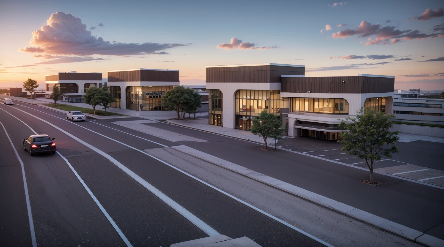 (((masterpiece))),((best quality)),outdoor,Commercial Area,Business Center,(Surrounded by greenery1:2),Asphalt road,Passing car,sidewalk,parking space,Award-winning design