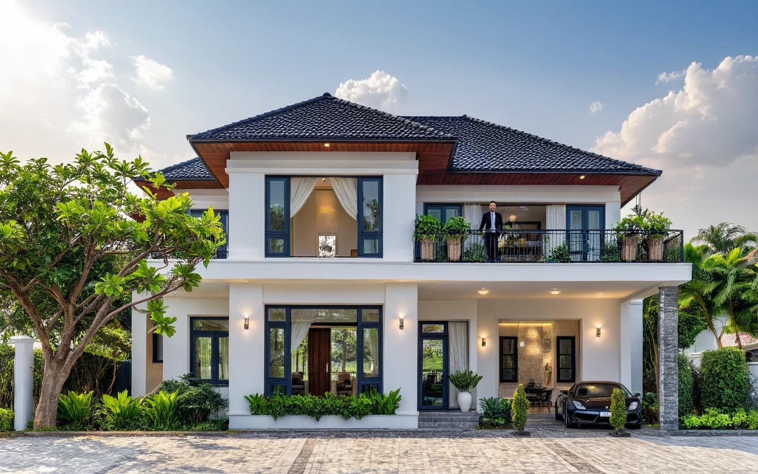 (masterpiece:1.2), best quality, photo of A two-story modern house in VietNam with white walls and dark tiles on the roof., dark granite tiled wall,  tree and plant environment,daylight, streetcapes, natural light, vivid color, The exterior of an elegant single family home features large windows, a dark gray door frame.