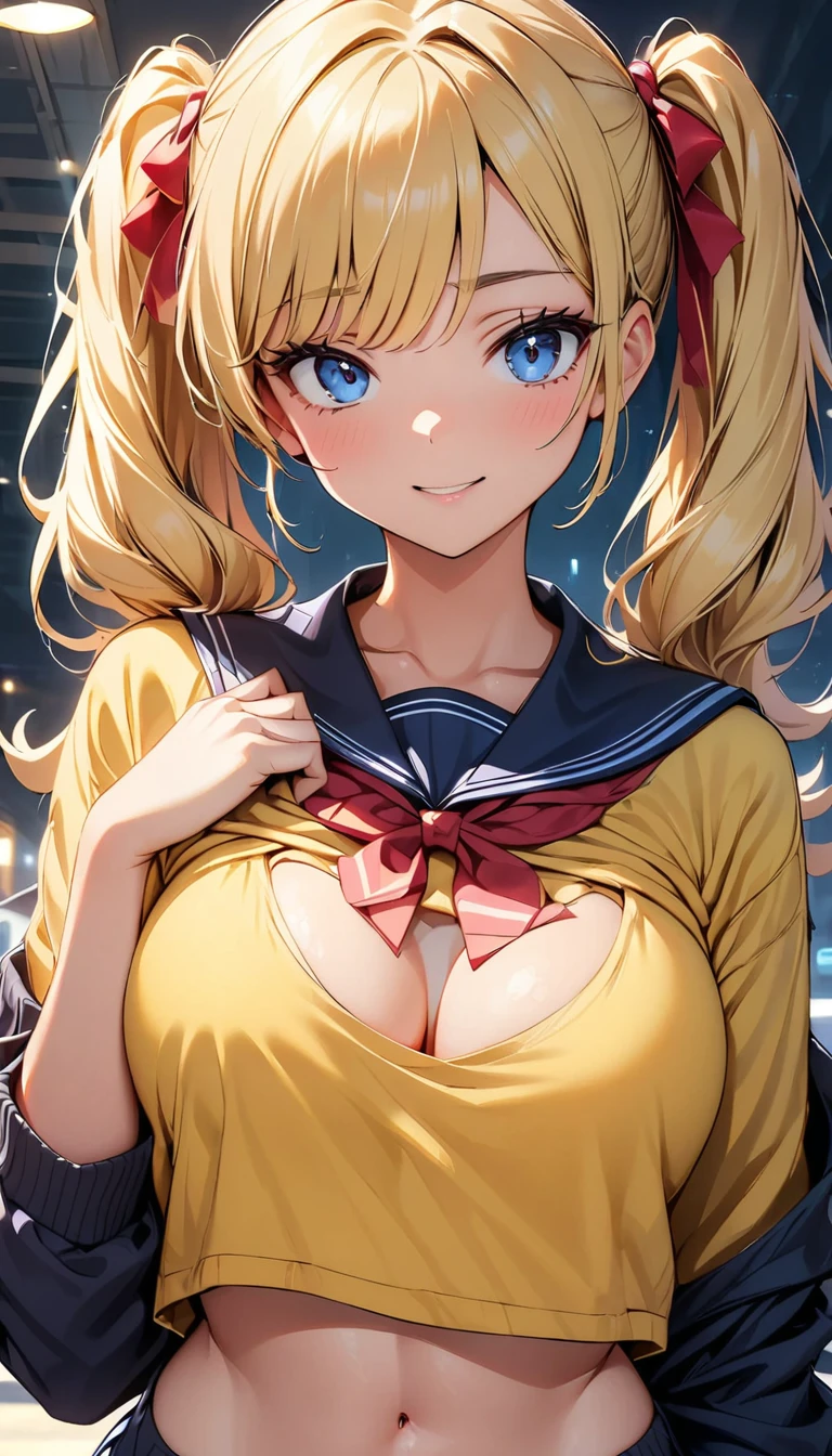 (highest quality, 4k, masterpiece :1.3), Beautiful woman, 1 girl, (chest, attractive body :1.2), JK:1.1, blonde twintails: 1.1, sailor suit, fine eyes, double eyelid