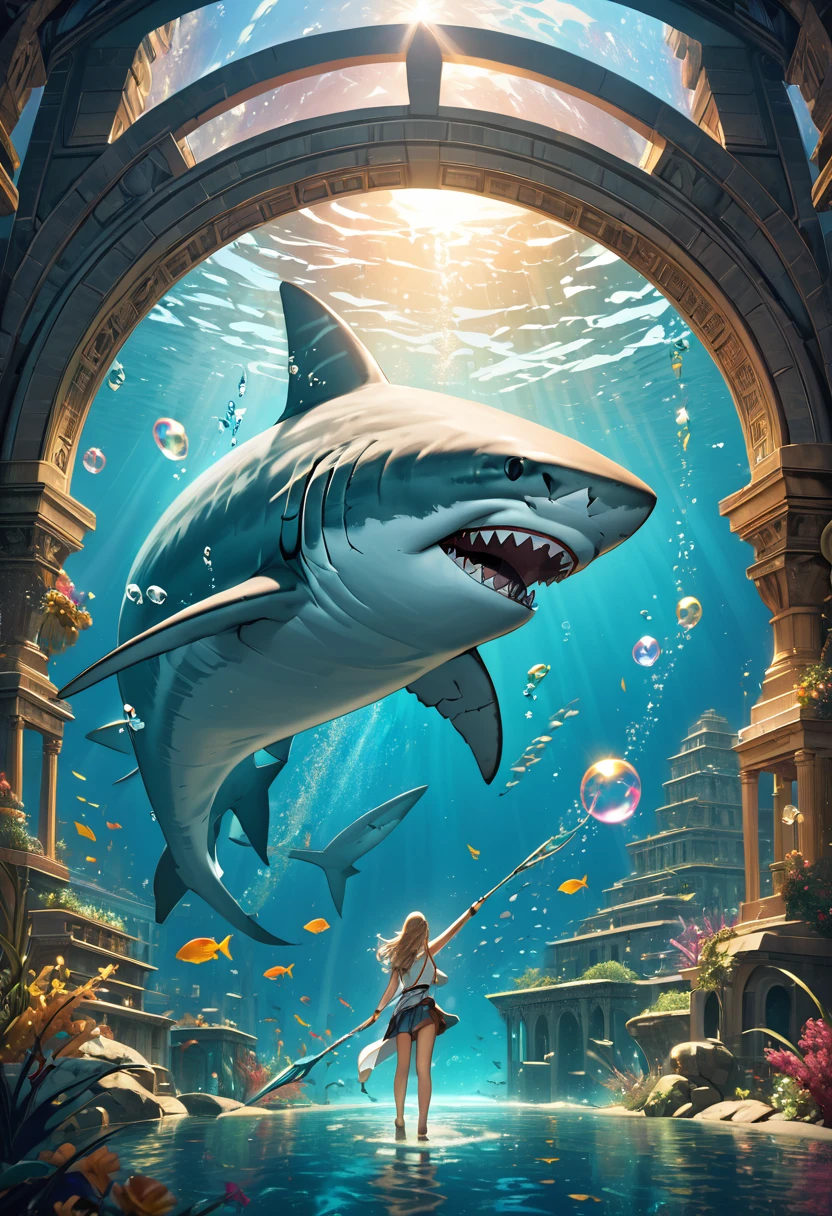 (masterpiece, best quality,ultra highres),A king shark monster summoned from a portal that connects to another world,monster has a trident,Strong winds,A girl raising her left hand to summon a shark monster,Ancient Underwater City,A deep underwater city,Beautiful depiction,Composition based on the golden ratio,Mysterious atmosphere,detailed face,(glitter:1.3),(bubble:1.2),