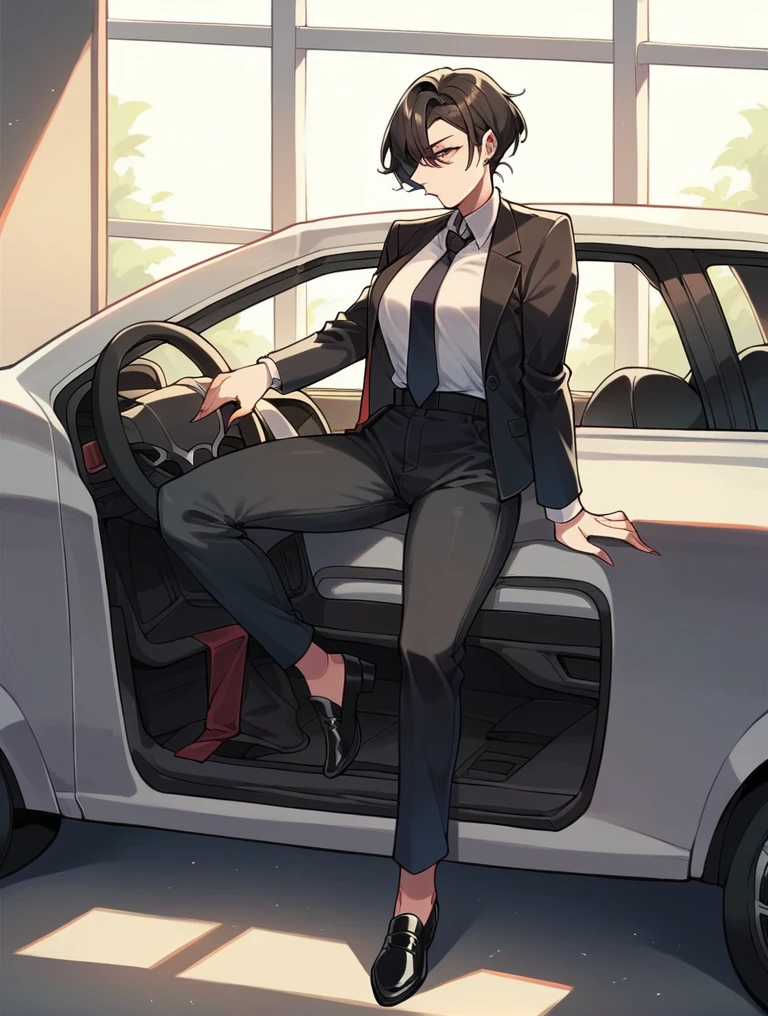 A woman wearing a black suit, tie, black long pants, and black leather shoes leans her leg on the car window.