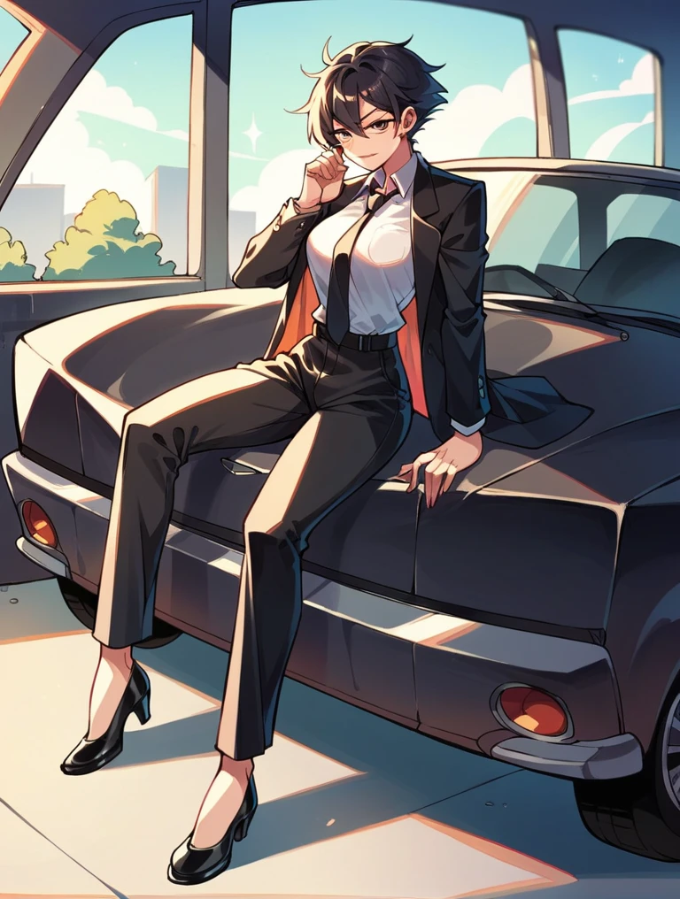 A woman wearing a black suit, tie, black long pants, and black leather shoes leans her leg on the car window. 