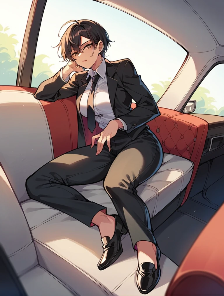 A woman wearing a black suit, tie, black long pants, and black leather shoes leans her leg on the car window.
