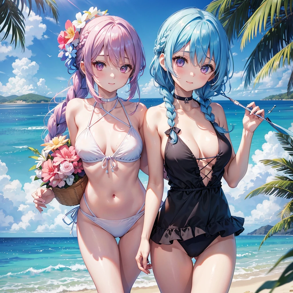 (Sky blue medium hair),(Braided hair tied together)、Pink eyes、Fair skin、(whole body)、(One Girl)、Black Swimsuit、Stylish sunglasses、Shining white sand beach in midsummer、Okinawa&#39;s ocean、A happy smile、、(masterpiece、Highest quality、Very detailed、Best Shadow)、(Detailed Background)、(Beautifully detailed face)、High contrast、(Best lighting、Very delicate and beautiful)、((Cinematic Light))、colorful、Hyper Detail、Dramatic Light、Exquisite detail、Standing with your legs apart