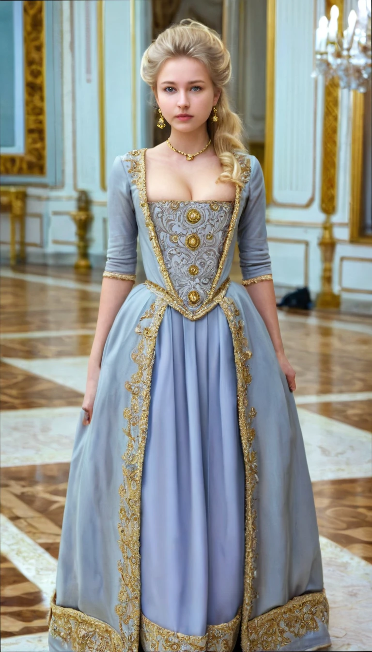 Front view , standing pose,  looking at camera, Russian girl, 18 age old, (Blond hair, middle hair ,  wince, Gray eyes, beautiful lip,  serious),  gold crescent earrings, gold neckless, (big breasts, slender whist, wide hip, real public hair) ,(Rococo 18the century dress) , on floor in Palace, in Moskva, textured skin , HI detailed skin, (foreshortening, Canon, UHD, anatomically correct,  super detail, high details, highness, 