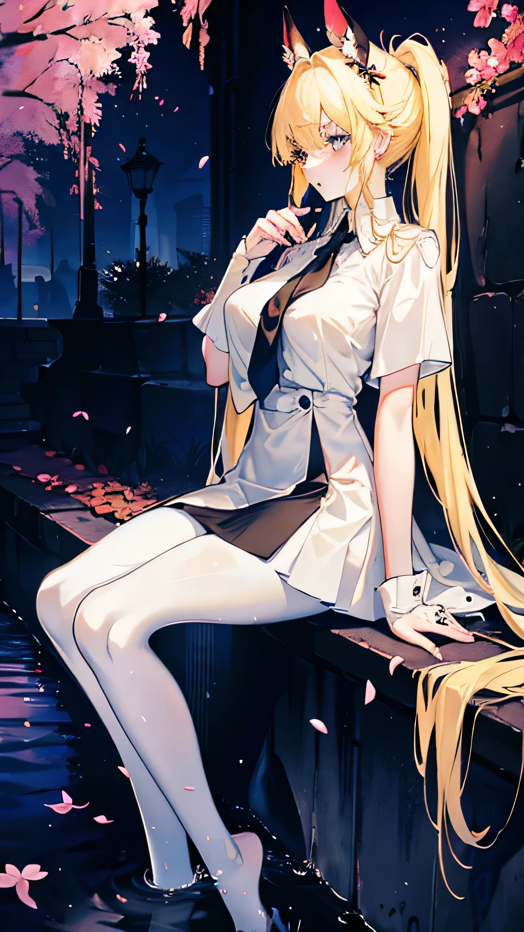 Young and beautiful Kathryn Newton,  White dress shirt, great neckline, Black Mini Dress, Dark pantyhose, High balance, Surreal, 14 years old, Model Diagram, Large Breasts, Beautiful breasts, Big Ass, Long hair, Ponytail - horse, Blonde hair, Long legs, 8K, futuristic city, Cherry blossoms, sunrise, LED lighting, There was blood on the wall, Pool of blood, filled with human remains, Detailed reflection, Anime style, sad