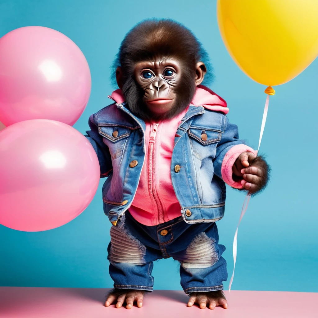 gorilla , baby, standing, big blue eyes, in a children's pink jacket, and children's denim pants, with a balloon in his hand, on a plain blue background, in full growth,