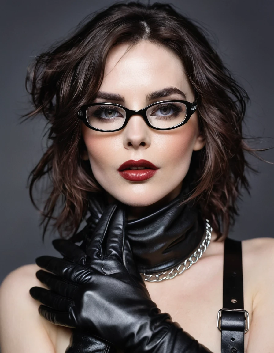 A polaroid shot of an intelligent 35-year-old dominant brunette with disheveled hair, a very thin face, pale white skin, very high cheekbones, large full lips, the largest lips, small glasses, deep mouth, dark plump glossy lips, very bright makeup. Very thin. Naked sexy model. in bdsm style. Wearing in leather gloves. A magnificent hairstyle. Shiny steel bracelets on top of black gloves. and Shiny steel bracelet necklaces are on her wrists. She wears a leather harness over her head and face. Leather garters on his feet. A sexy pose.
