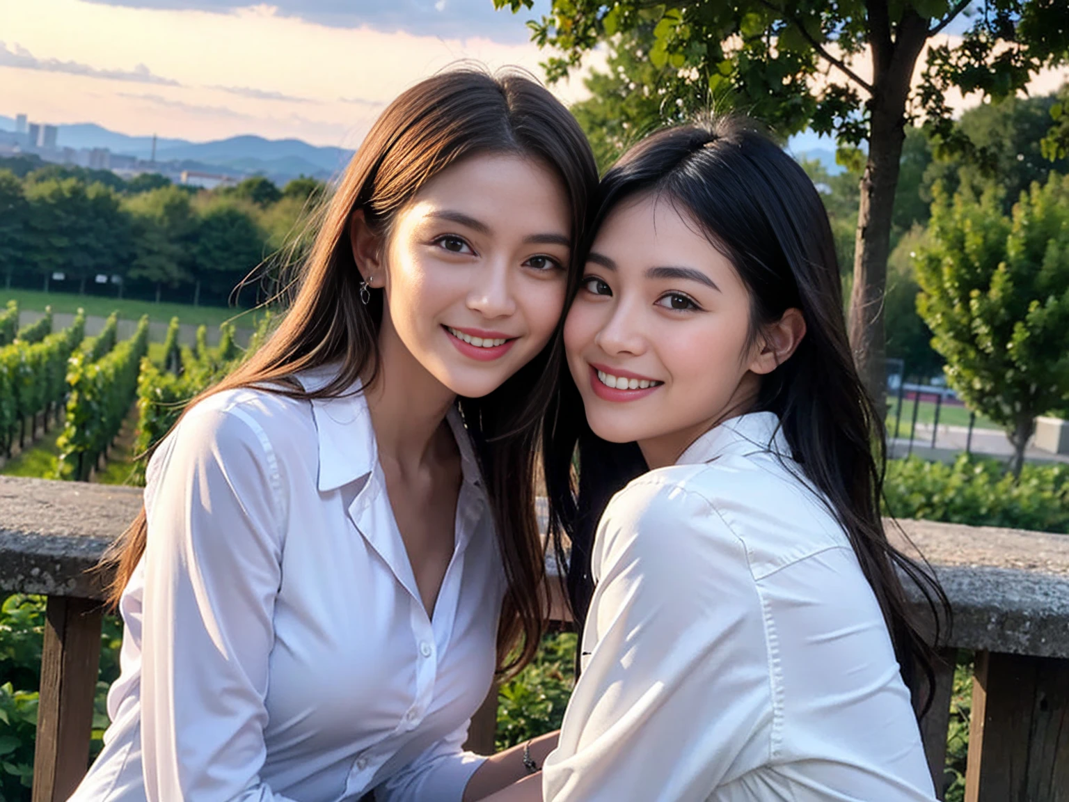 ((Highest quality、、masterpiece:1.3))、1 male、1 female,36 years old 39 years old、Put the light on my face、Slim Beauty、Beautiful couple、Upper Body、smile、 (Slim face), (the body is スリム), (Brown Hair), (Shortcuts), テーブルのフルコースディナーとwine glass、Amazing view of the sunset sky and clouds、smileの美しさ、Wine bottle、sparkling wine、Long sleeve shirt、dress、White wine, red wine, wine glass, Beautiful fine grain, Depth f/2,saturation, High Contrast, Strong light and shadow,Moist Body:1.5、 texture、The hair is very shiny、