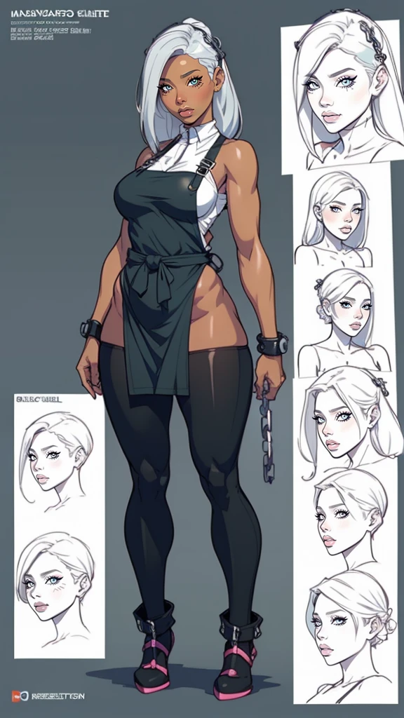 ((masterpiece)),(((best quality))),((character design sheet)), ((full body view)) illustration,Catalogue of sex slaves,1girl, thick thighs, ((detailed face:1.4)) promiscuous sex friend, rough sketches, between breasts,big breasts,vaginal secretions,wearing an short apron without any clothes on and Chain of sex slaves,hair accessories,seductive grin smug,solid color backdrop, clean backdrop,