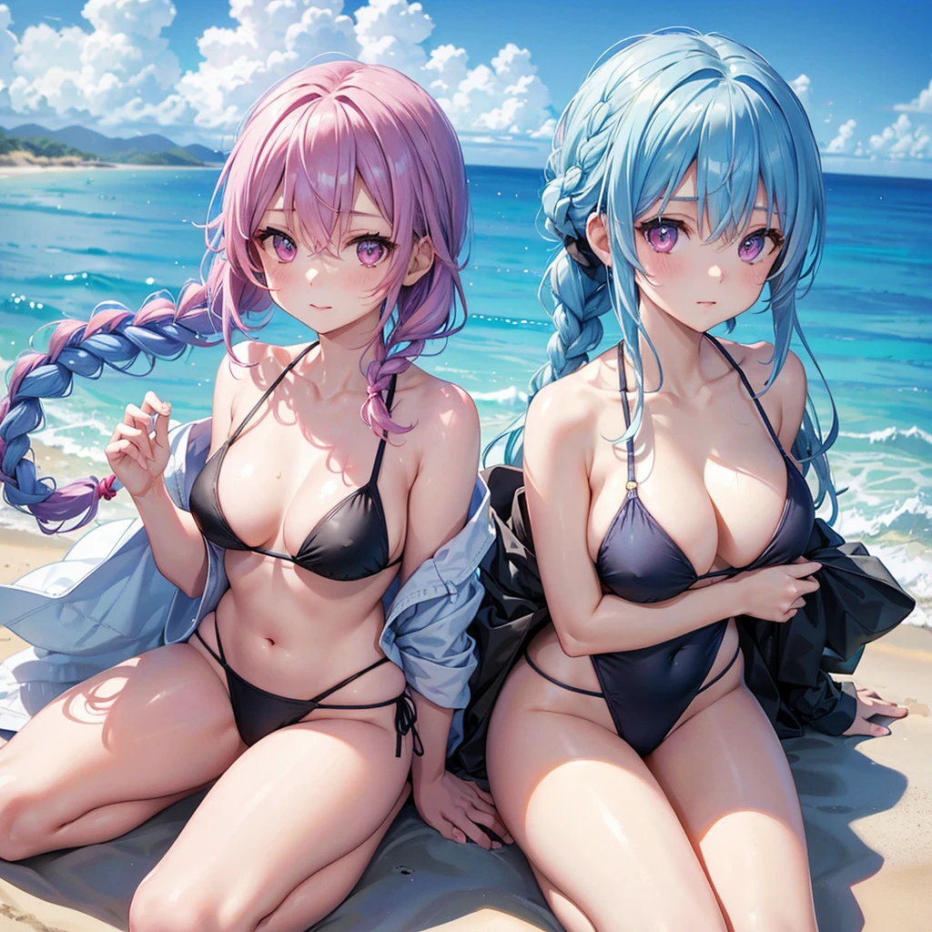 (Sky blue medium hair),(Braided hair tied together)、Pink eyes、Fair skin、(whole body)、(One Girl)、Black Swimsuit、Stylish sunglasses、Shining white sand beach in midsummer、Okinawa's ocean、A happy smile、、(masterpiece、Highest quality、Very detailed、Best Shadow)、(Detailed Background)、(Beautifully detailed face)、High contrast、(Best lighting、Very delicate and beautiful)、((Cinematic Light))、colorful、Hyper Detail、Dramatic Light、Exquisite detail、Standing with your legs apart