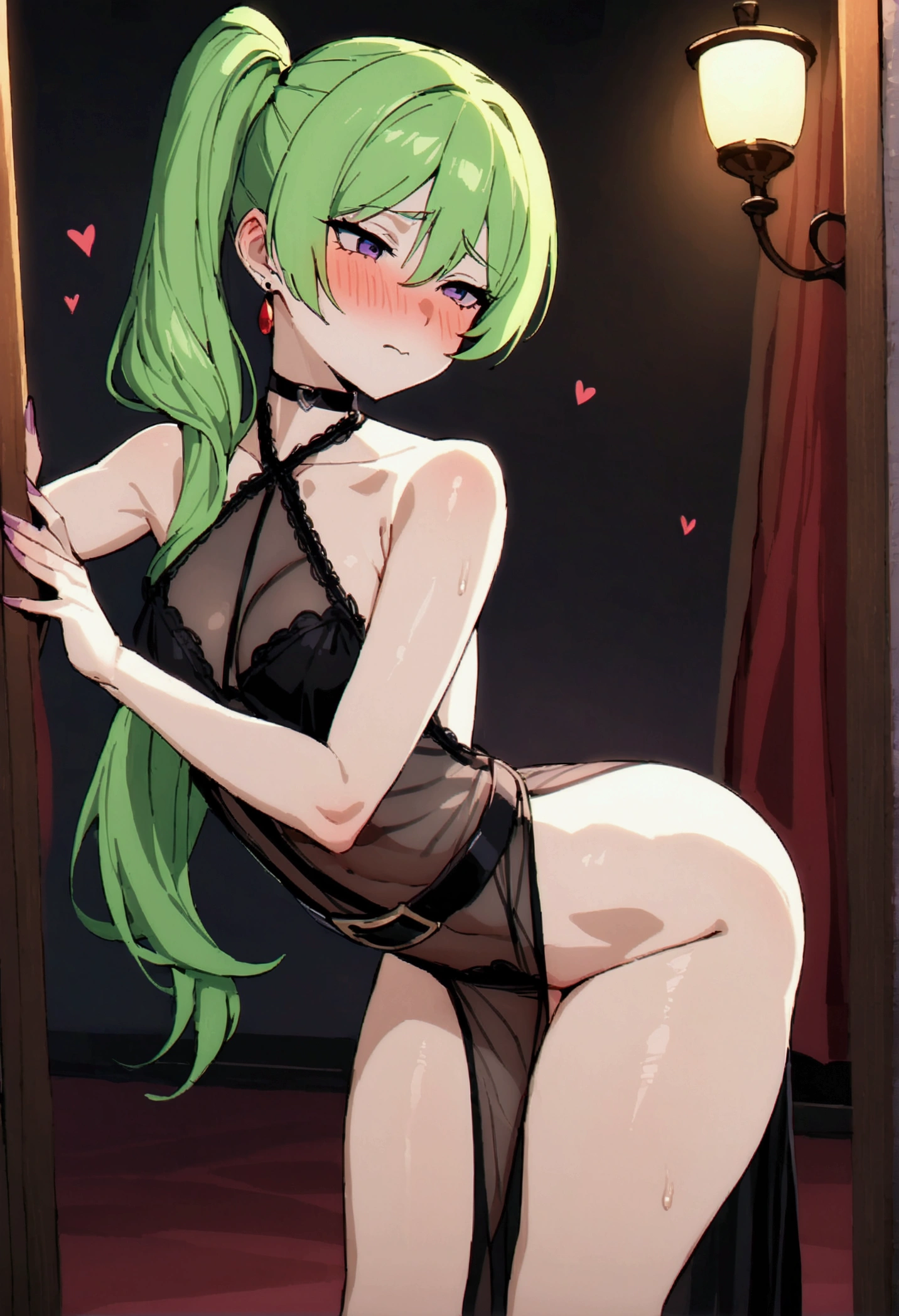 NSFW,masterpiece,Highest quality,High resolution,Super detailed,Uber\(Funeral of Frieren\),Green Hair、bangs、Hair between the eyes、Side Ponytail、Purple Eyes、Black choker、clavicle、High slit lace long dress、Sleeveless see-through dress、Halter neck,belt,Embarrassed,blush,(Prostitute),Luxurious Room,Brothel at night,heart,Sexy pose,(Sex slave)