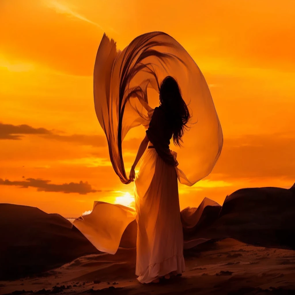 A woman in a long skirt、Woman holding a tulle scarf standing in front of sunset, Silk fluttering in the wind, beautiful Flowing fabrics, Flowing fabrics, big long cloth on the wind, stunning photo, desert wind, draped in Flowing fabrics, Flowing Cape, In the sunset, Rotation, In the golden sunset sky, wind kissed picture, long Flowing fabrics, Wind Blow