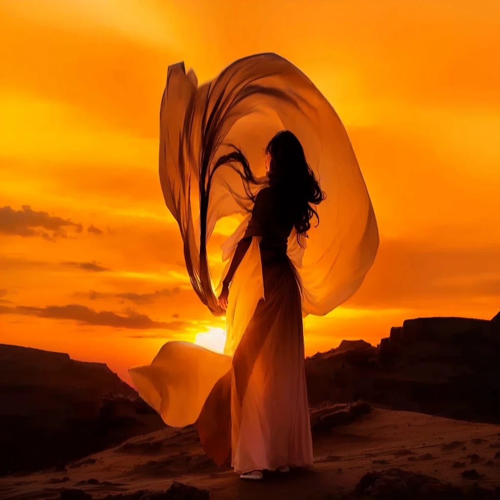 A woman in a long skirt、Woman holding a tulle scarf standing in front of sunset, Silk fluttering in the wind, beautiful Flowing fabrics, Flowing fabrics, big long cloth on the wind, stunning photo, desert wind, draped in Flowing fabrics, Flowing Cape, In the sunset, Rotation, In the golden sunset sky, wind kissed picture, long Flowing fabrics, Wind Blow