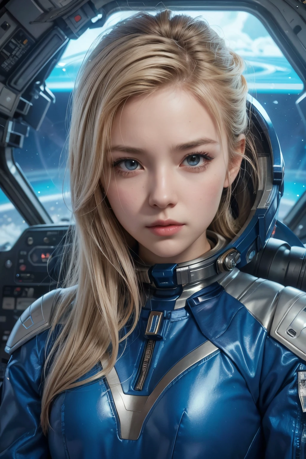 Close-up of a woman in a sci-fi style blue suit, Armored astronaut girl portrait, Artgerm JSC, Portrait Anime Astronaut Girl, SF Women, Beautiful SF Girl Portrait, Detailed sci-fi art, Avatar Image, ShepardFairyStyleArt, Epic sci-fi character art, artstation Trends