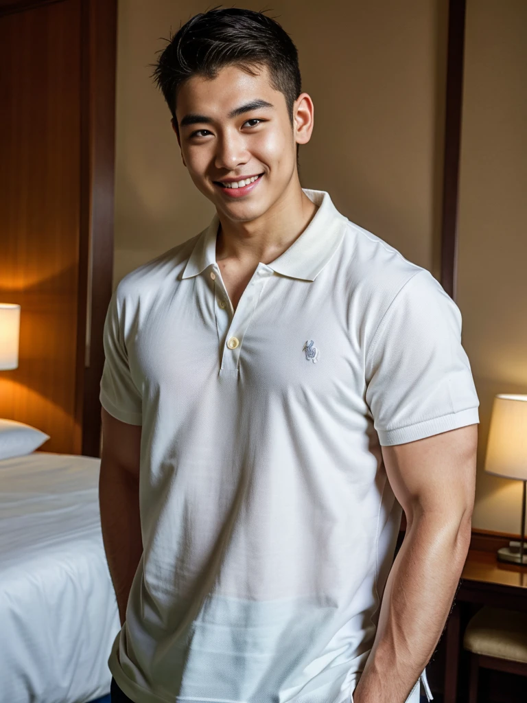 (best quality, 4K, 8K, high resolution, Masterpiece: 1.2), Special details, (realistically, As realistic as a photo, photo realistic: 1.37), Edge lighting, Extra detailed coloring, sharp focus, Physical rendering ,Extremely detailed description,professional,light color,Bokeh,Portrait,look at the viewer,
Young Asian man, 20 years old ,(Wear a white polo shirt.), smile ,Hotel Rooms