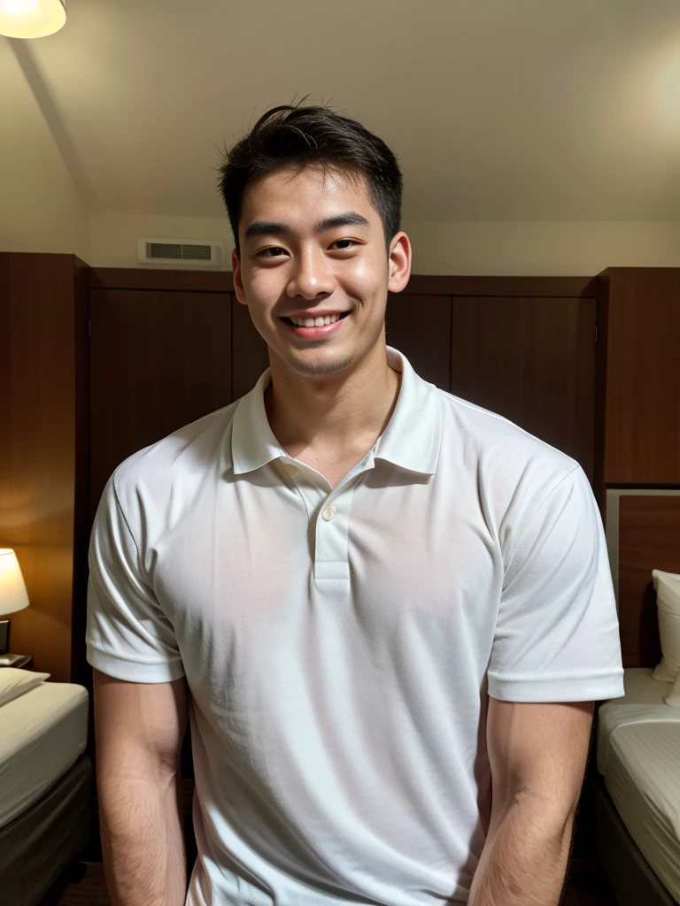 (best quality, 4K, 8K, high resolution, Masterpiece: 1.2), Special details, (realistically, As realistic as a photo, photo realistic: 1.37), Edge lighting, Extra detailed coloring, sharp focus, Physical rendering ,Extremely detailed description,professional,light color,Bokeh,Portrait,look at the viewer,
Young Asian man, 20 years old ,(Wear a white polo shirt.), smile ,Hotel Rooms