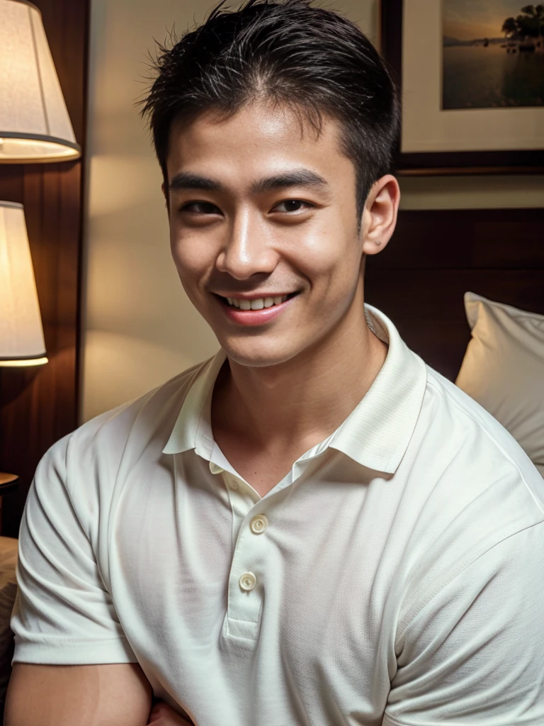 (best quality, 4K, 8K, high resolution, Masterpiece: 1.2), Special details, (realistically, As realistic as a photo, photo realistic: 1.37), Edge lighting, Extra detailed coloring, sharp focus, Physical rendering ,Extremely detailed description,professional,light color,Bokeh,Portrait,look at the viewer,
Young Asian man, 20 years old ,(Wear a white polo shirt.), smile ,Hotel Rooms