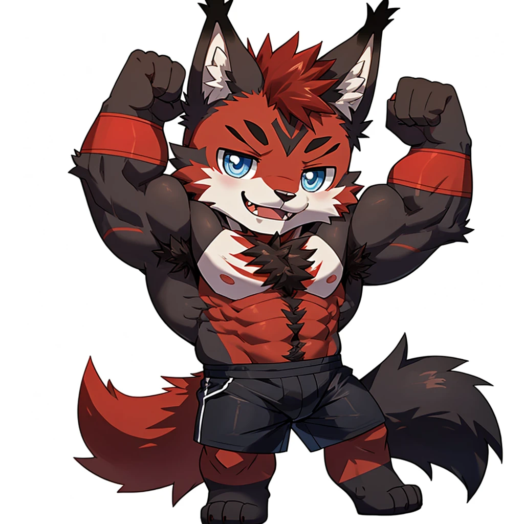 ((Furry lynx cat)), ((chibi)), chibi, chibi, chibi, chibi, body fully covered in black fur, ((fully covered in black fur)), ((black fur)), sharp fangs, sharp teeth, summer shorts outfit, cute, blue eyes, red chest hair, red eyebrows, red armpit hair, black nose, black tail, black tail with red tip, red whiskers, happy, smile, correct Anatomy, correct hand, ((white background)), (Acting happy), (hands up), enjoy, ((front view)), full body, sexy, (flexing), (muscle), black tail, black tail red tail tip, red eyebrows, red chest hair, red armpit hair, chibi, chibi, chibi, chibi