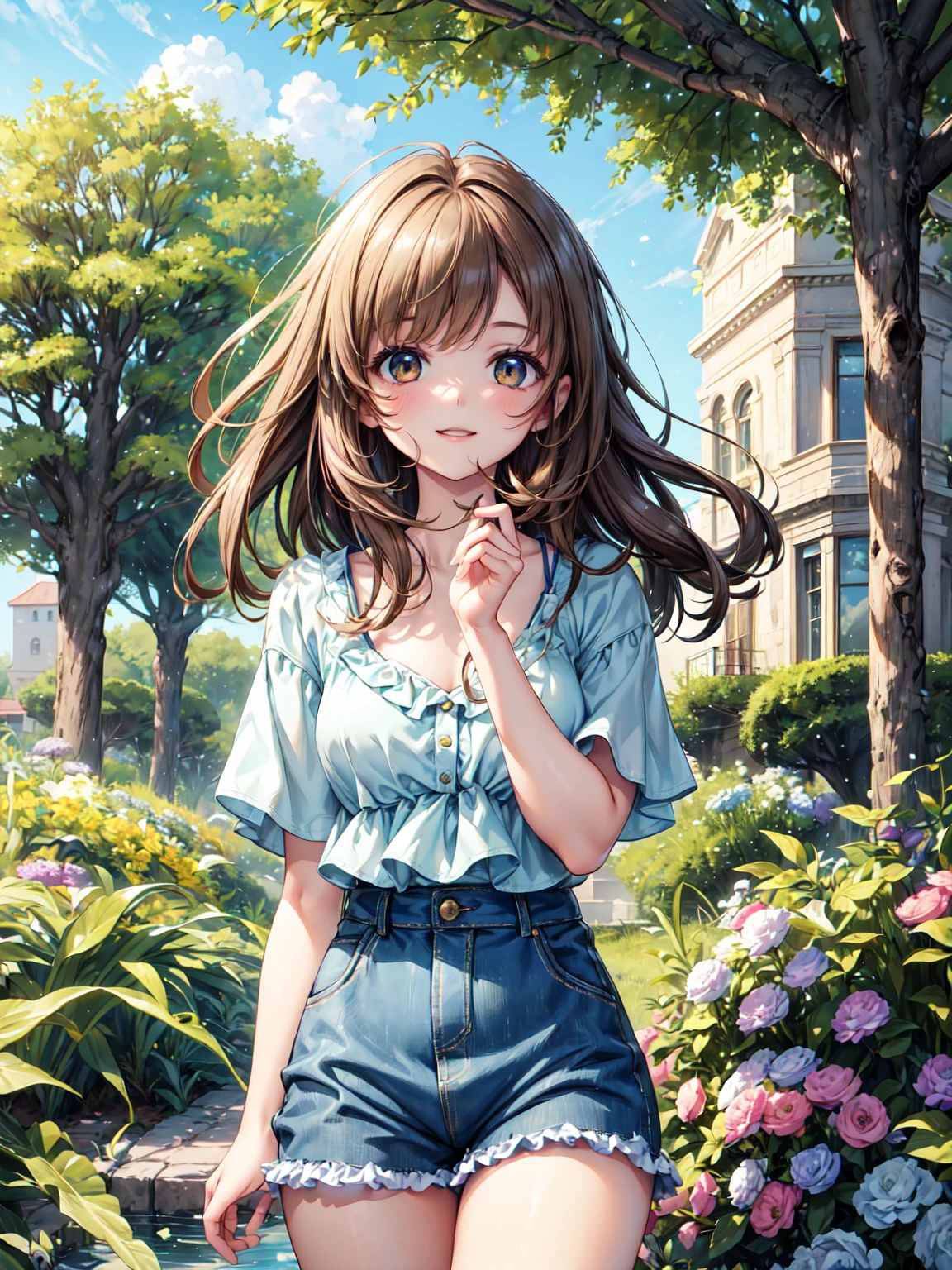 masterpiece, Highest quality, Super detailed), Portrait of an 18 year old woman with light brown hair, Green round eyes, Beige blouse and blue jeans、Smiling Blue Shorts、Singing from under the tree (Leaning against a tree) And read the Brown Book - Auto Ultra Realistic -
