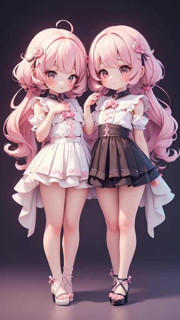 ((petite bishojo, little 2girls)), ((cute face)), ((cute puffy eyes)), ((masterpiece)), ((best quality)), ((ultra detailed)), ((exquisite)), ((depth)), ((crisp)), ((8k)), ((beautiful and aesthetic)), (super detailed skin), ((high standard)), ((highres)), ((perfect anatomy)), (full body), (blush), (rouge), (femme fatale), (beautiful fingers)