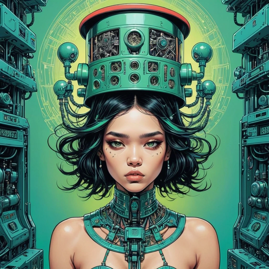 Machine Head Girl, [Egyptian Art|screen print] go through ([Zhou Fang:0.3]:1.3) , [Anime Line Art:0.2], [Hat Box:0.1], [[Greenism|Psychedelic Art]:0.1], Surrealism
