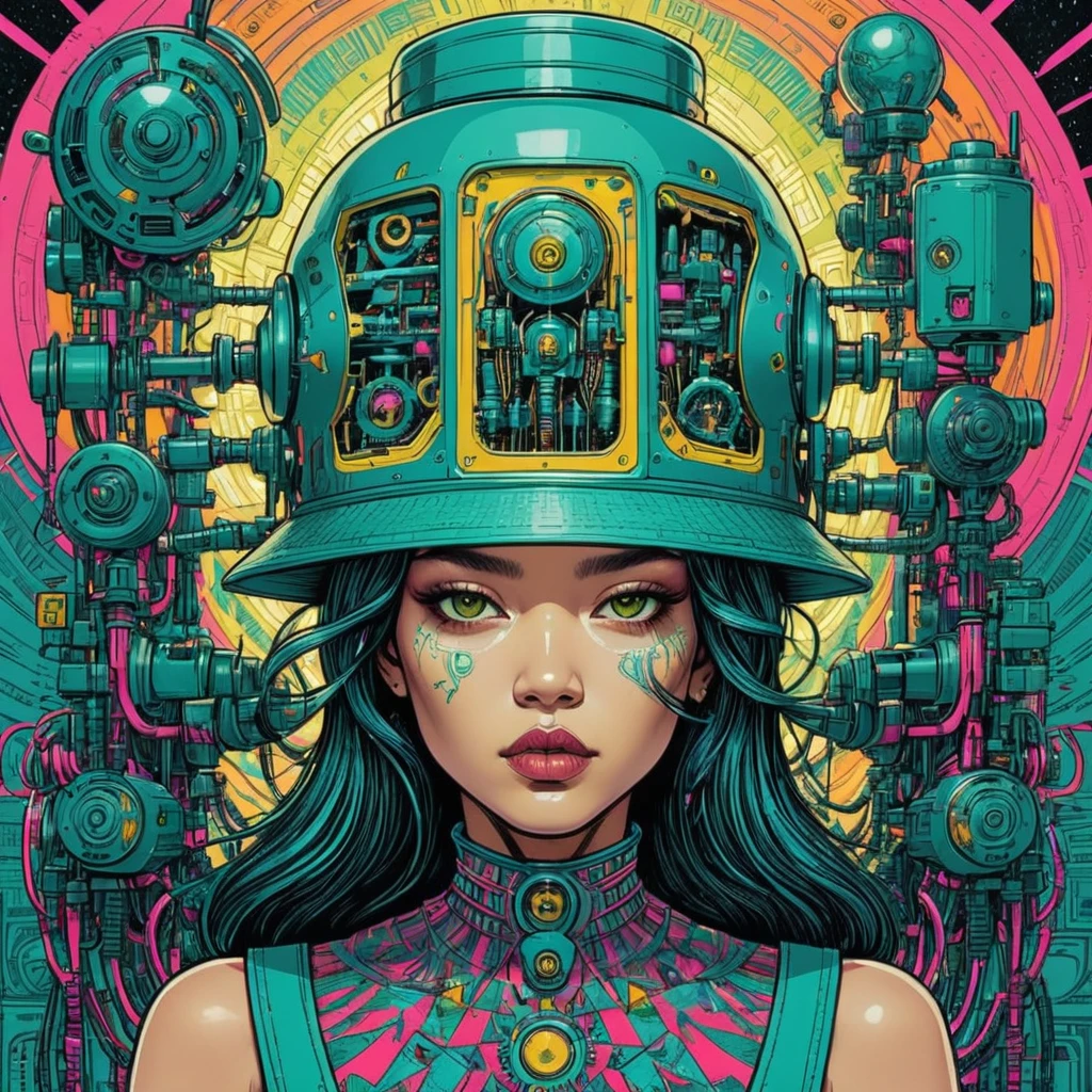Machine Head Girl, [Egyptian Art|screen print] go through ([Zhou Fang:0.3]:1.3) , [Anime Line Art:0.2], [Hat Box:0.1], [[Greenism|Psychedelic Art]:0.1], Surrealism