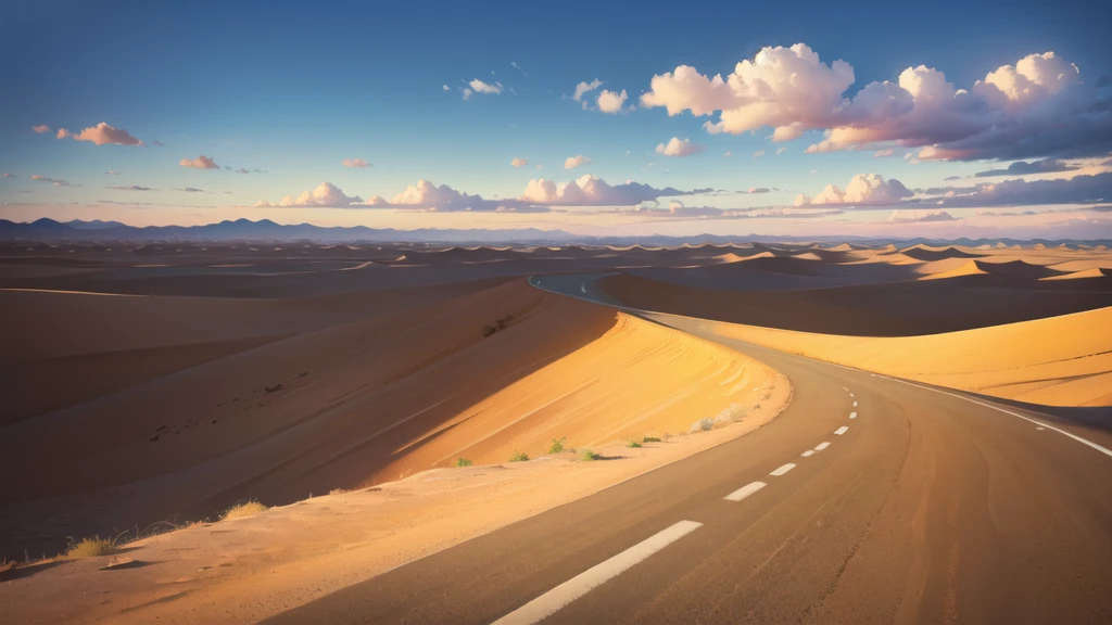 (desert  :1.2),road ,(รถกระบะวิ่งบนroad:1.2)  landscape:1.5 , (((There&#39;s an ambulance far away.)))
