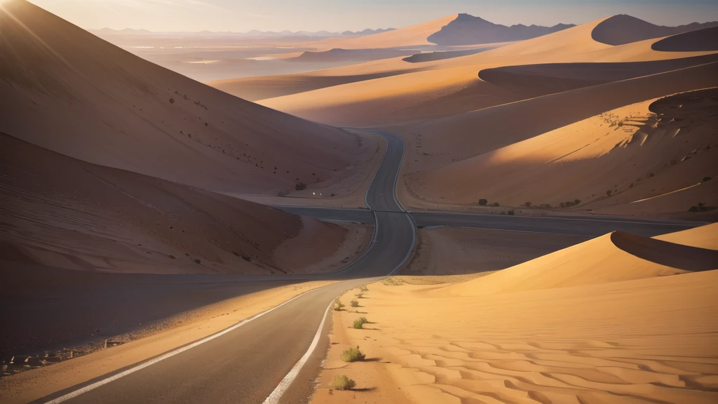 (desert :1.2),road ,(รถกระบะวิ่งบนroad:1.2) landscape:1.5 , (((There's an ambulance far away.)))