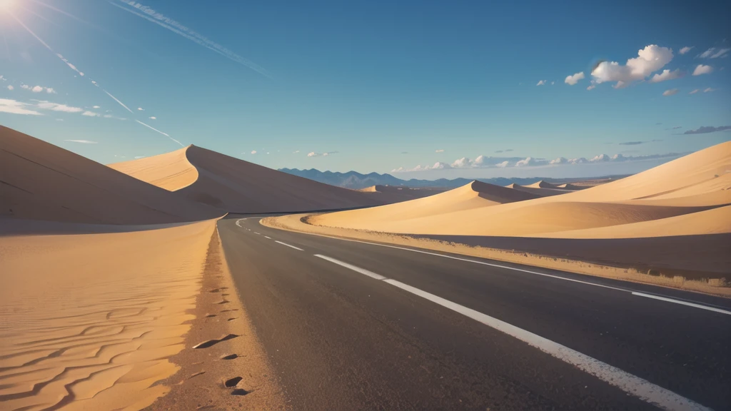 (desert :1.2),road ,(รถกระบะวิ่งบนroad:1.2) landscape:1.5 , (((There's an ambulance far away.)))