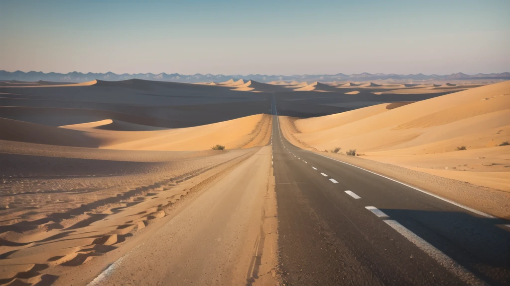 (desert :1.2),road ,(รถกระบะวิ่งบนroad:1.2) landscape:1.5 , (((There's an ambulance far away.)))