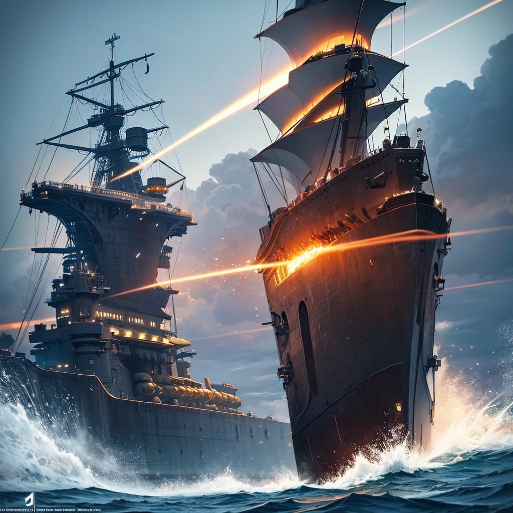 Content: A detailed digital art piece depicting a frontal view of a battleship firing its cannons. The battleship is massive and formidable, with large cannons blasting out powerful bursts of fire and smoke. The ocean around it is turbulent, reflecting the intensity of the action. Medium: Digital art, concept illustration. Style: Highly detailed, realistic military art in the style of naval history illustrations. Lighting: Dynamic lighting with dramatic highlights and shadows to emphasize the power and scale of the battleship. The cannon fire illuminates the scene with intense bursts of light. Colours: A palette of steely blues, greys, and blacks, with bright flashes of orange and yellow from the cannon fire. Composition: A frontal view with a slightly low angle to emphasize the size and power of the battleship. The horizon line is low, creating a dramatic sense of scale and action.
