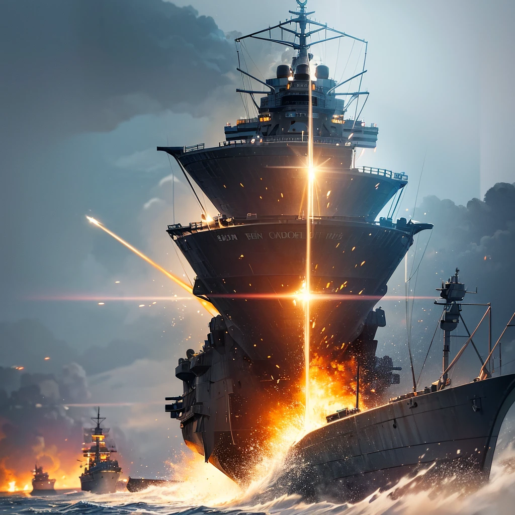 Content: A detailed digital art piece depicting a frontal view of a battleship firing its cannons. The battleship is massive and formidable, with large cannons blasting out powerful bursts of fire and smoke. The ocean around it is turbulent, reflecting the intensity of the action. Medium: Digital art, concept illustration. Style: Highly detailed, realistic military art in the style of naval history illustrations. Lighting: Dynamic lighting with dramatic highlights and shadows to emphasize the power and scale of the battleship. The cannon fire illuminates the scene with intense bursts of light. Colours: A palette of steely blues, greys, and blacks, with bright flashes of orange and yellow from the cannon fire. Composition: A frontal view with a slightly low angle to emphasize the size and power of the battleship. The horizon line is low, creating a dramatic sense of scale and action.
