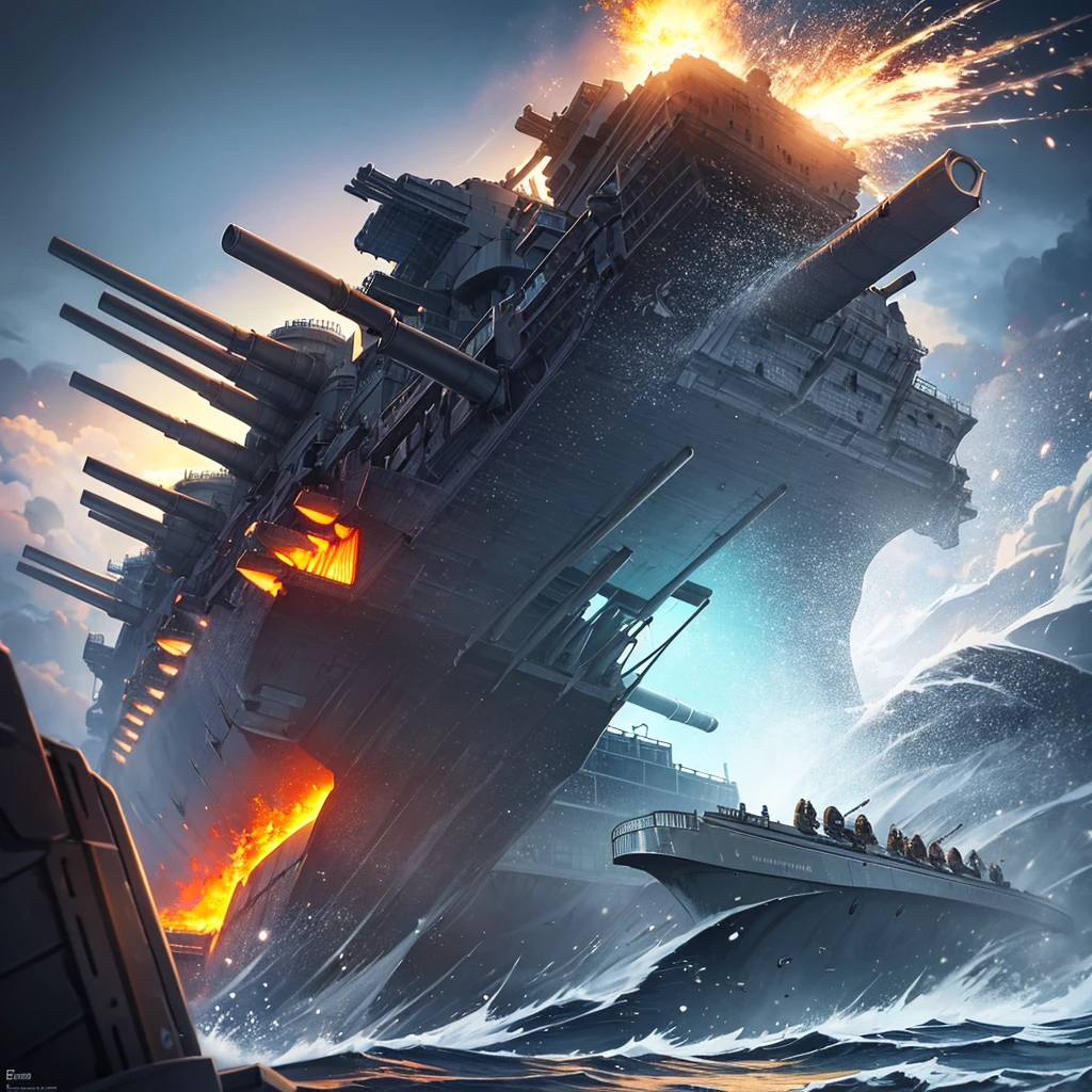 Content: A detailed digital art piece depicting a frontal view of a battleship firing its cannons. The battleship is massive and formidable, with large cannons blasting out powerful bursts of fire and smoke. The ocean around it is turbulent, reflecting the intensity of the action. Medium: Digital art, concept illustration. Style: Highly detailed, realistic military art in the style of naval history illustrations. Lighting: Dynamic lighting with dramatic highlights and shadows to emphasize the power and scale of the battleship. The cannon fire illuminates the scene with intense bursts of light. Colours: A palette of steely blues, greys, and blacks, with bright flashes of orange and yellow from the cannon fire. Composition: A frontal view with a slightly low angle to emphasize the size and power of the battleship. The horizon line is low, creating a dramatic sense of scale and action.