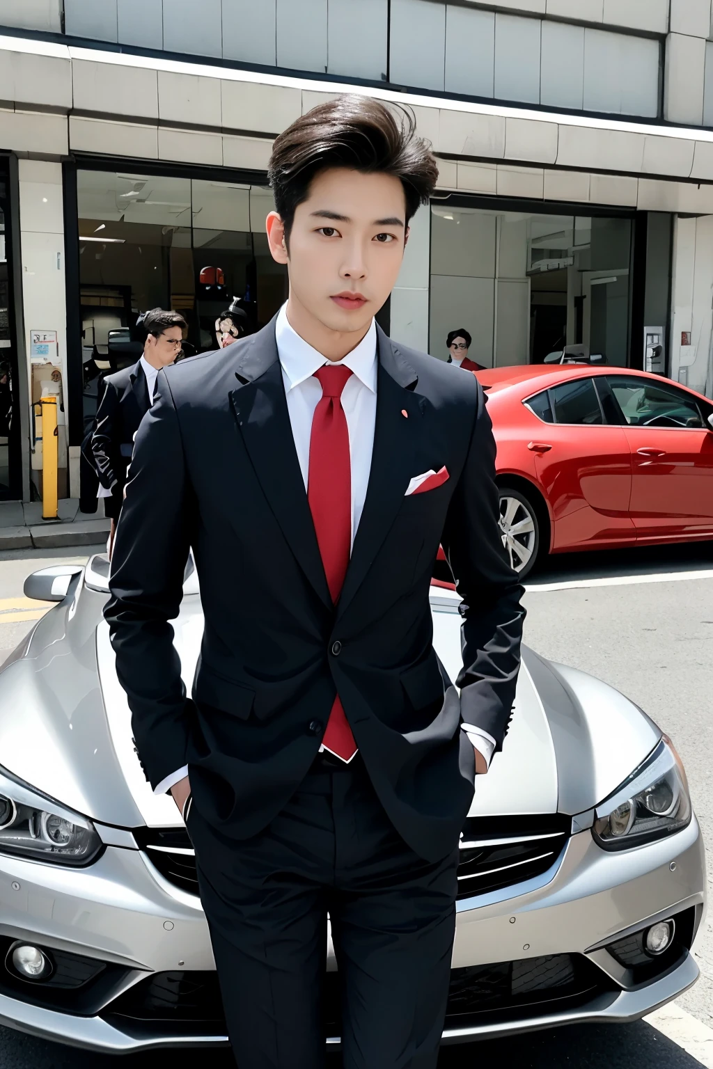 Asian male model on the street，and his wedding car，cool red car，SLR in hand，suit and tie