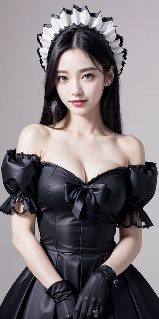 korean,realistic, masterpiece, final detail, photo realistic, intricate detail, octane rendering, 8K, 1Girl, full bodyperfect face, beautiful face, NSWF, trough reference, detail hair,, black bow, black gloves, black legs, blue eyes, blue hair, bow, collarbone, dress, drill hair, ruffles, ruffles, gloves, gwen, headdress, highres, long hair, parted lips, puffy sleeves, purple eyes, smile, solo, white dress, oil skin,